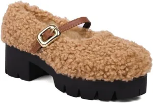 Women Platform Mary Jane Faux Fur Low Block Heels with Belt Buckles