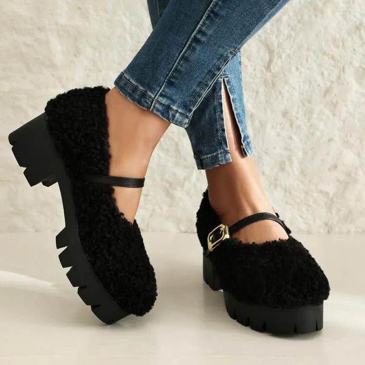 Women Platform Mary Jane Faux Fur Low Block Heels with Belt Buckles