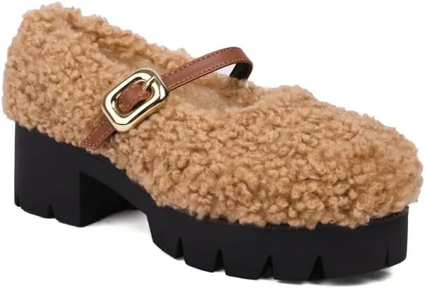 Women Platform Mary Jane Faux Fur Low Block Heels with Belt Buckles