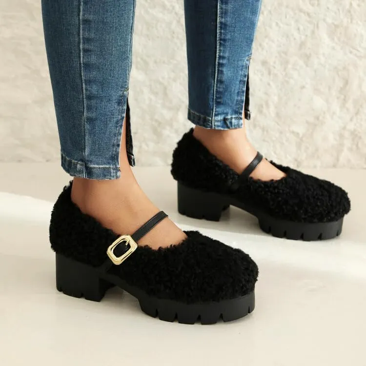 Women Platform Mary Jane Faux Fur Low Block Heels with Belt Buckles
