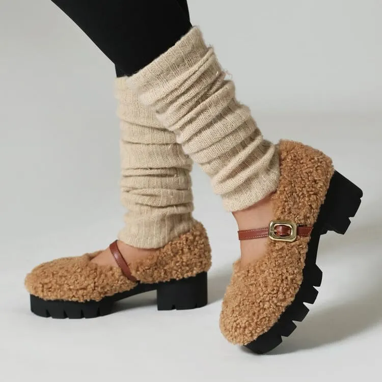 Women Platform Mary Jane Faux Fur Low Block Heels with Belt Buckles