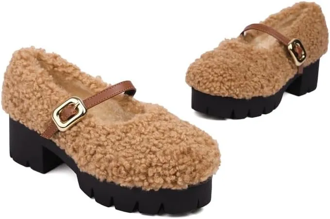 Women Platform Mary Jane Faux Fur Low Block Heels with Belt Buckles