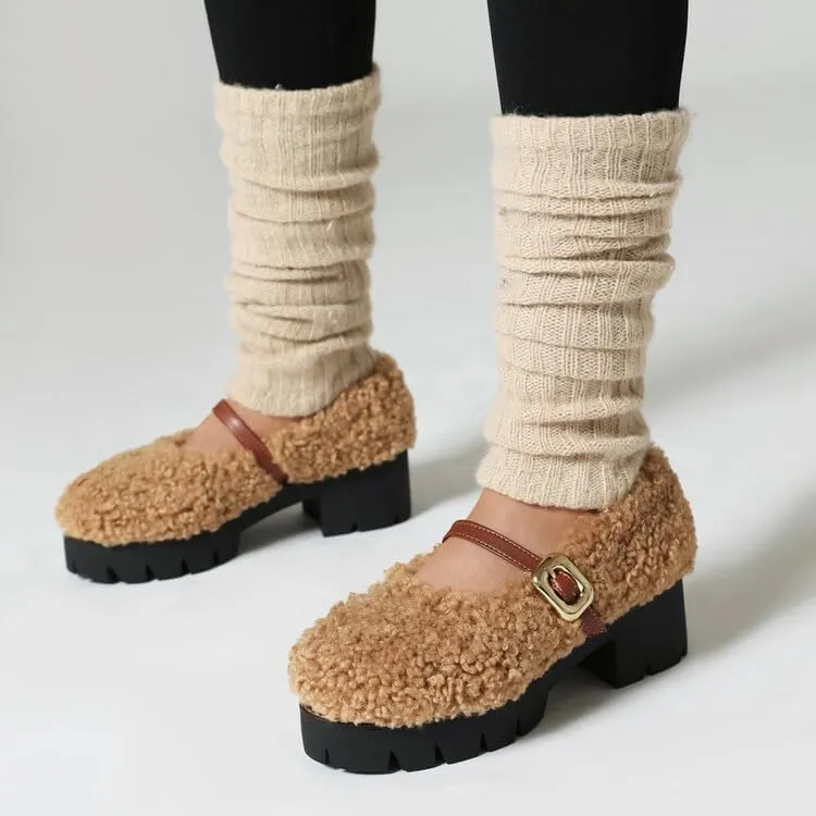 Women Platform Mary Jane Faux Fur Low Block Heels with Belt Buckles