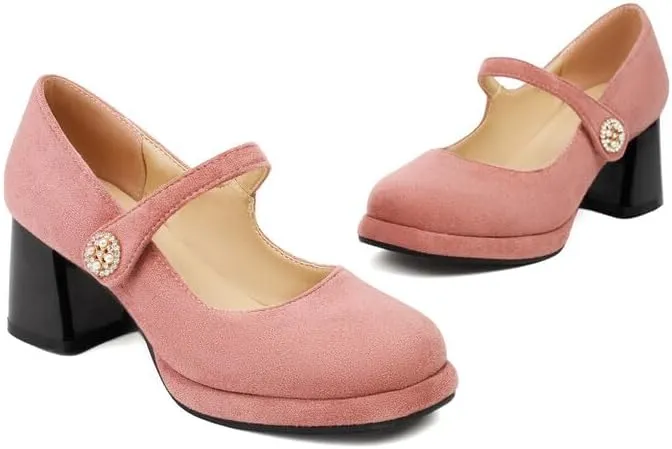 Women Platform Mary Jane Pumps Shoes Square Toe Chunky High Heels with Rhinestones