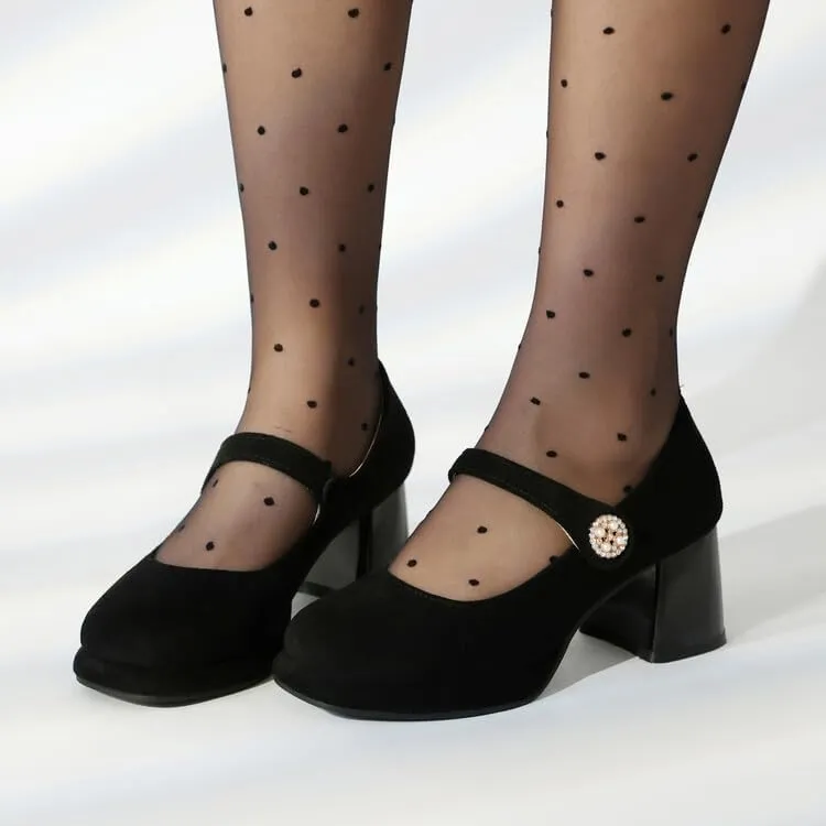 Women Platform Mary Jane Pumps Shoes Square Toe Chunky High Heels with Rhinestones