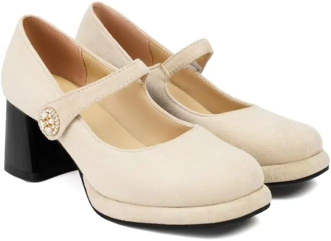 Women Platform Mary Jane Pumps Shoes Square Toe Chunky High Heels with Rhinestones
