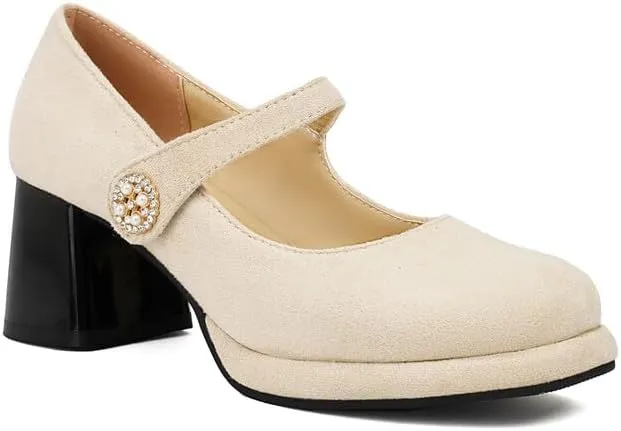 Women Platform Mary Jane Pumps Shoes Square Toe Chunky High Heels with Rhinestones