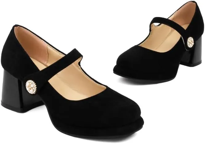Women Platform Mary Jane Pumps Shoes Square Toe Chunky High Heels with Rhinestones