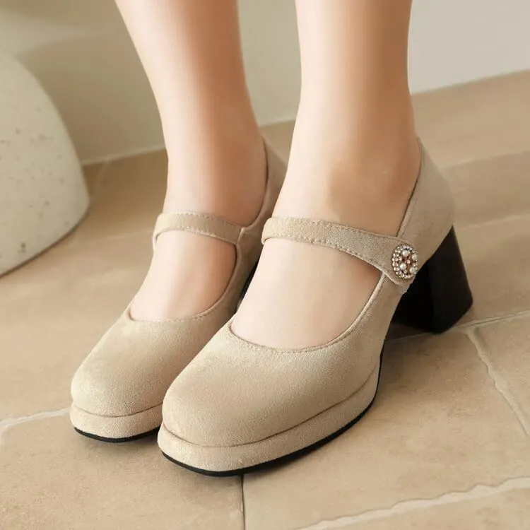 Women Platform Mary Jane Pumps Shoes Square Toe Chunky High Heels with Rhinestones