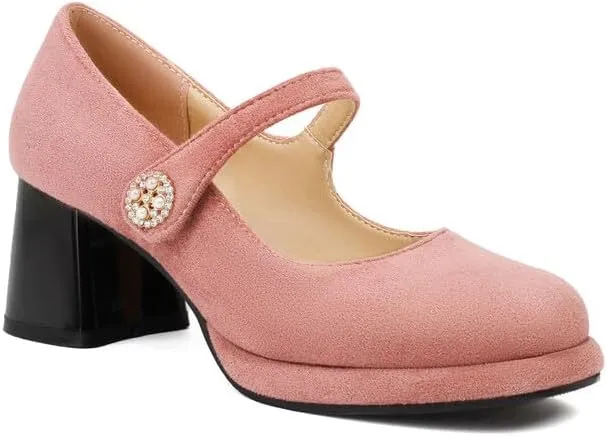 Women Platform Mary Jane Pumps Shoes Square Toe Chunky High Heels with Rhinestones