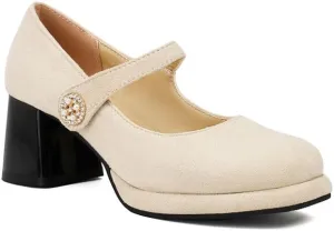 Women Platform Mary Jane Pumps Shoes Square Toe Chunky High Heels with Rhinestones