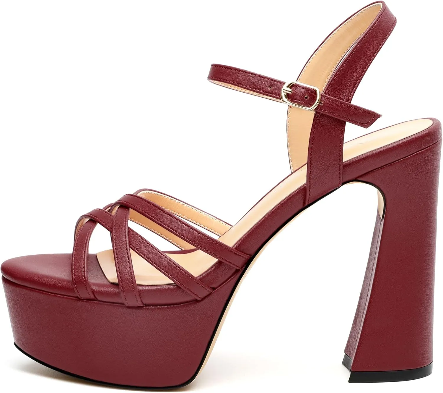 Womens Ankle Buckle Strap Round Open Toe Summer Slingback Block High Heel Platforms Sandals Heeled Wedding Party Prom Evening Dress Sandal Shoes 4.7"