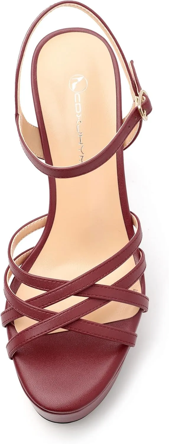 Womens Ankle Buckle Strap Round Open Toe Summer Slingback Block High Heel Platforms Sandals Heeled Wedding Party Prom Evening Dress Sandal Shoes 4.7"
