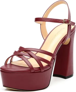 Womens Ankle Buckle Strap Round Open Toe Summer Slingback Block High Heel Platforms Sandals Heeled Wedding Party Prom Evening Dress Sandal Shoes 4.7"