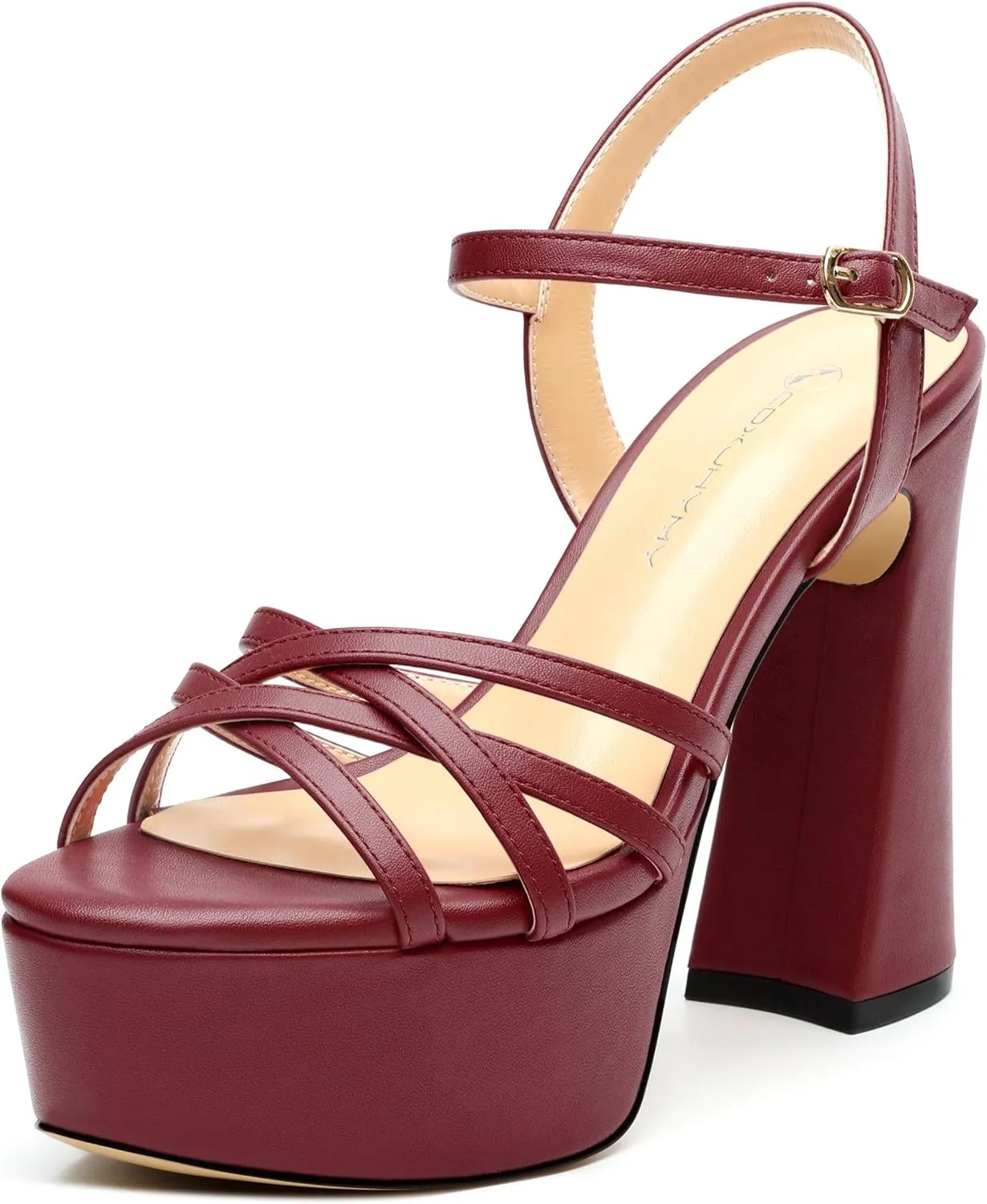 Womens Ankle Buckle Strap Round Open Toe Summer Slingback Block High Heel Platforms Sandals Heeled Wedding Party Prom Evening Dress Sandal Shoes 4.7"