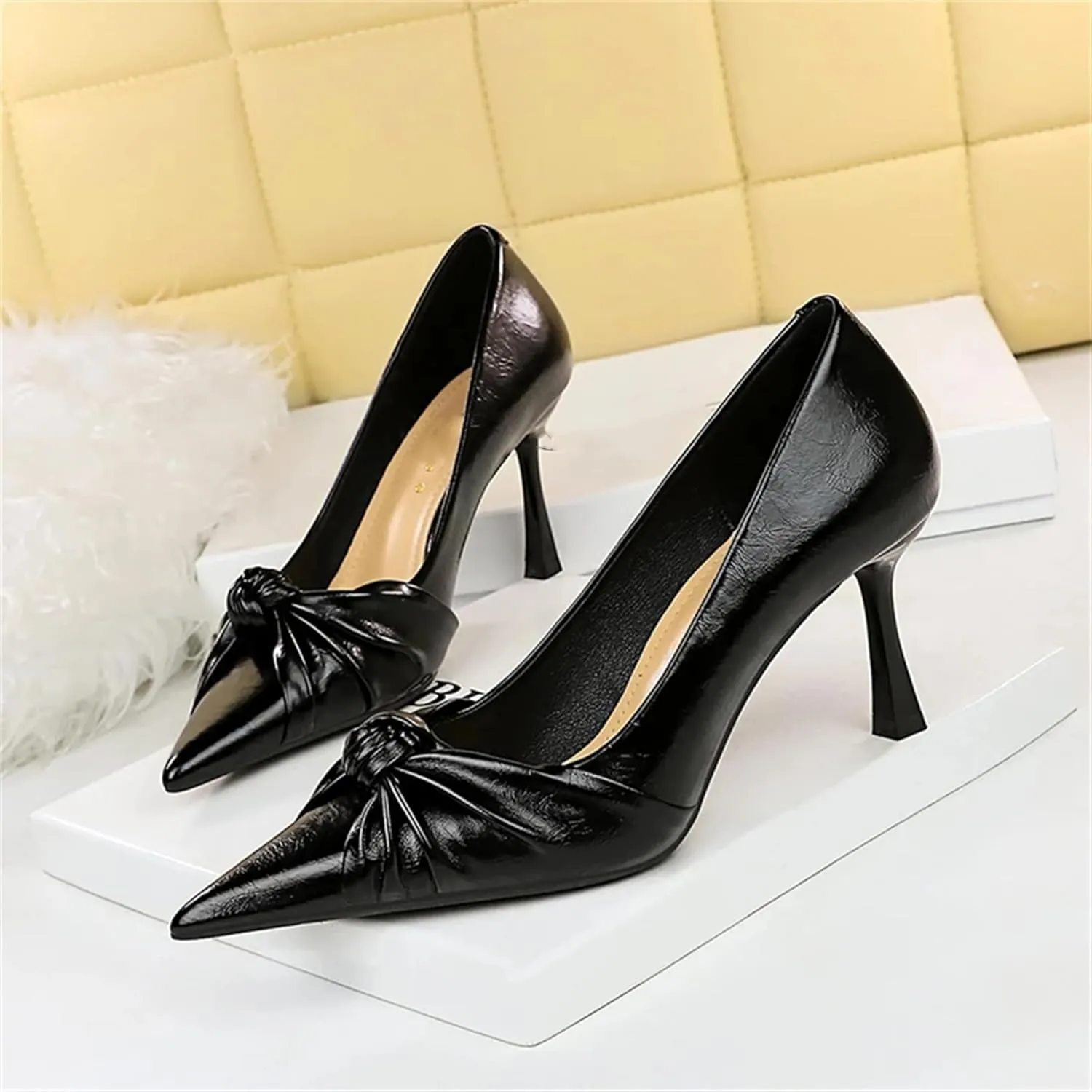 Women's Cute Bow Tie Pleated Leather High Heel Pumps Fashion Pointed Closed Toe Red Stiletto Heels Bridal Wedding Shoes