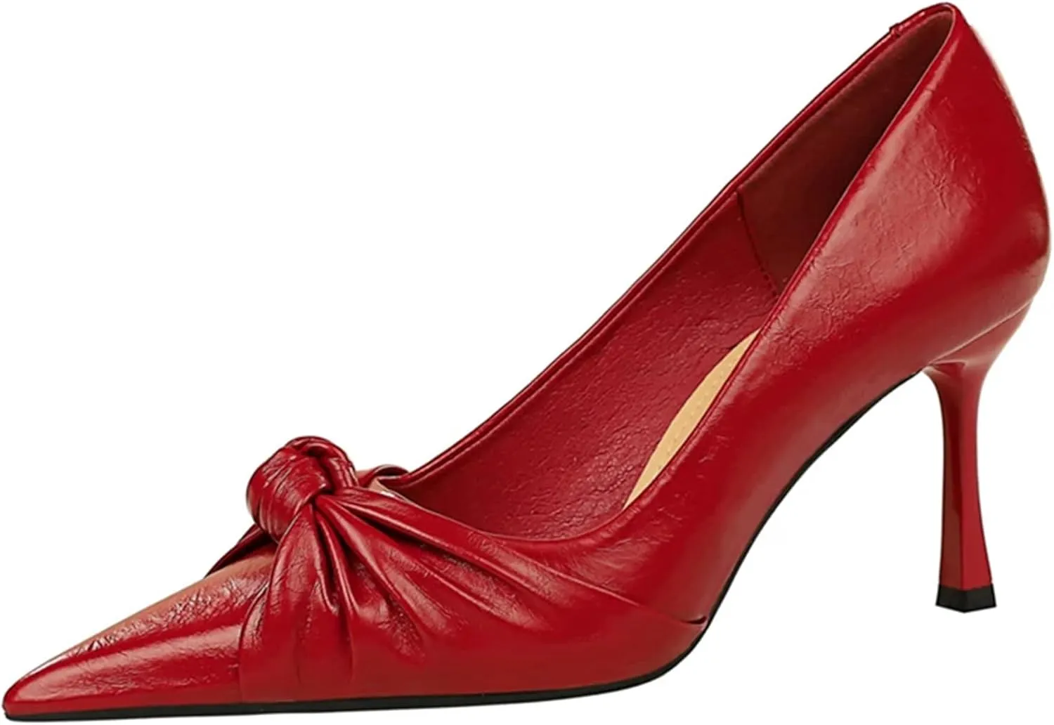 Women's Cute Bow Tie Pleated Leather High Heel Pumps Fashion Pointed Closed Toe Red Stiletto Heels Bridal Wedding Shoes