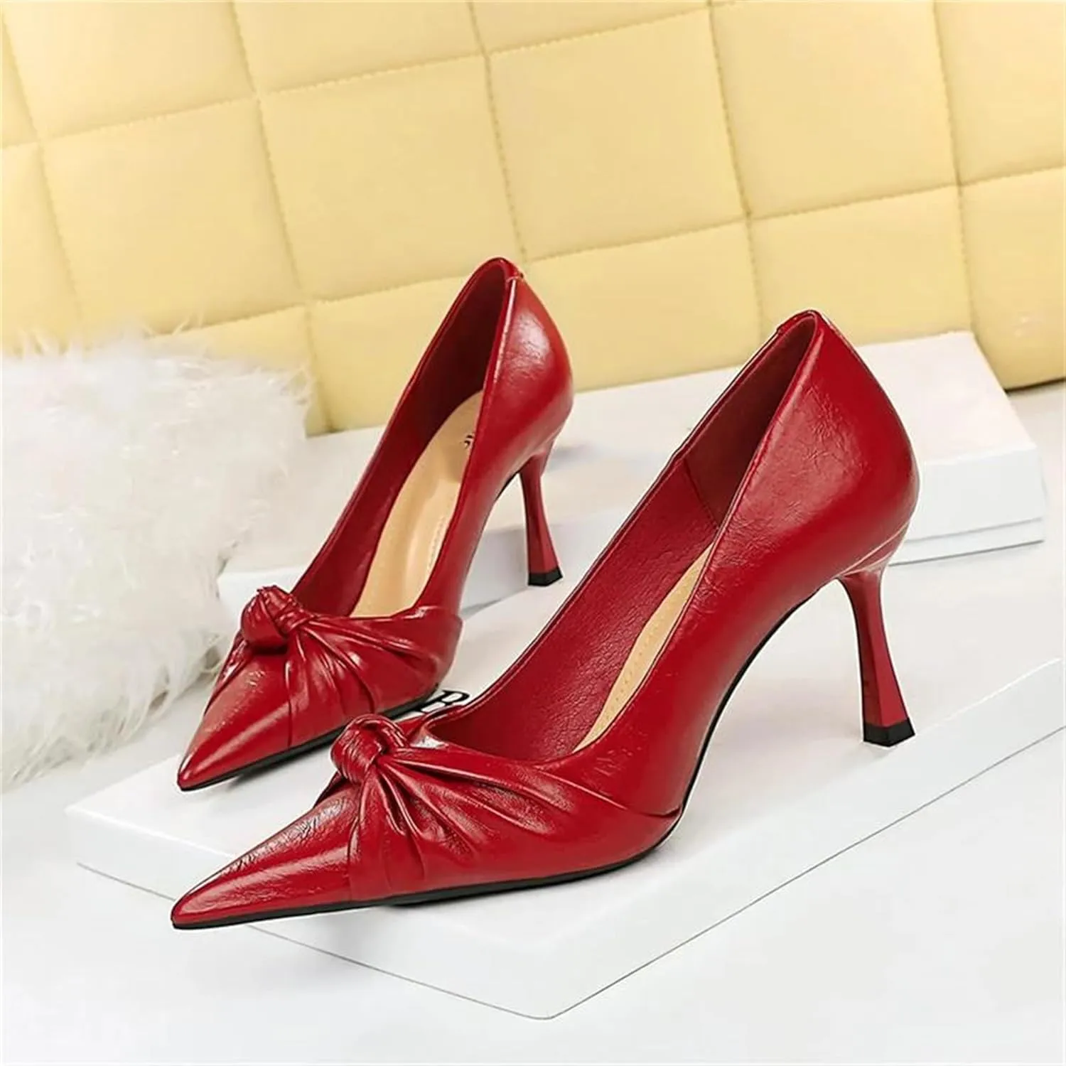 Women's Cute Bow Tie Pleated Leather High Heel Pumps Fashion Pointed Closed Toe Red Stiletto Heels Bridal Wedding Shoes