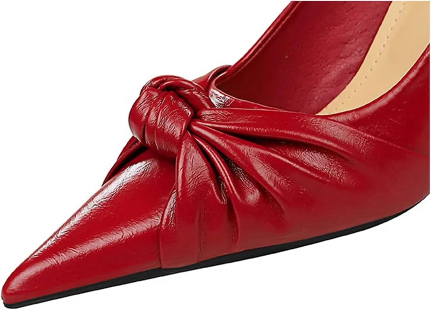 Women's Cute Bow Tie Pleated Leather High Heel Pumps Fashion Pointed Closed Toe Red Stiletto Heels Bridal Wedding Shoes