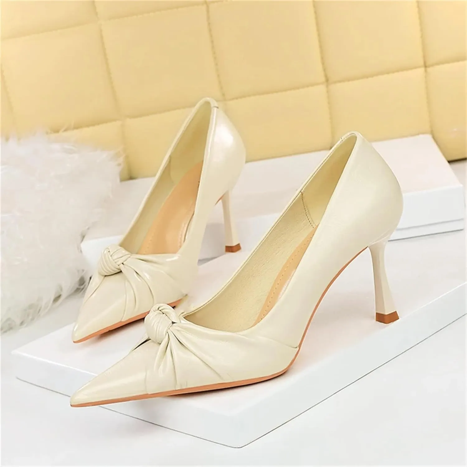 Women's Cute Bow Tie Pleated Leather High Heel Pumps Fashion Pointed Closed Toe Red Stiletto Heels Bridal Wedding Shoes