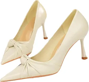 Women's Cute Bow Tie Pleated Leather High Heel Pumps Fashion Pointed Closed Toe Red Stiletto Heels Bridal Wedding Shoes