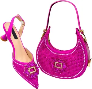 Womens Elegant Rhinestone Pattern Evening Shoes and Purse Combo Pointed Toe High Heels for Bridal Party