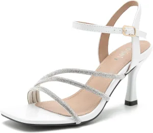 Women's Formal Rhinestone Strappy Sandal Mid High Kitten Heel Ankle Strap Buckle Up Square Toe Heels