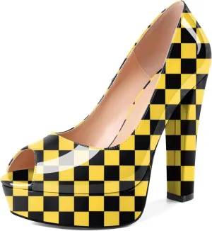Women's High Heel Pumps Peep Toe Pump for Women Platform High Heels Chunky Block Heeled Shoes Sexy Dance Pumps 5.5 Inch Heel