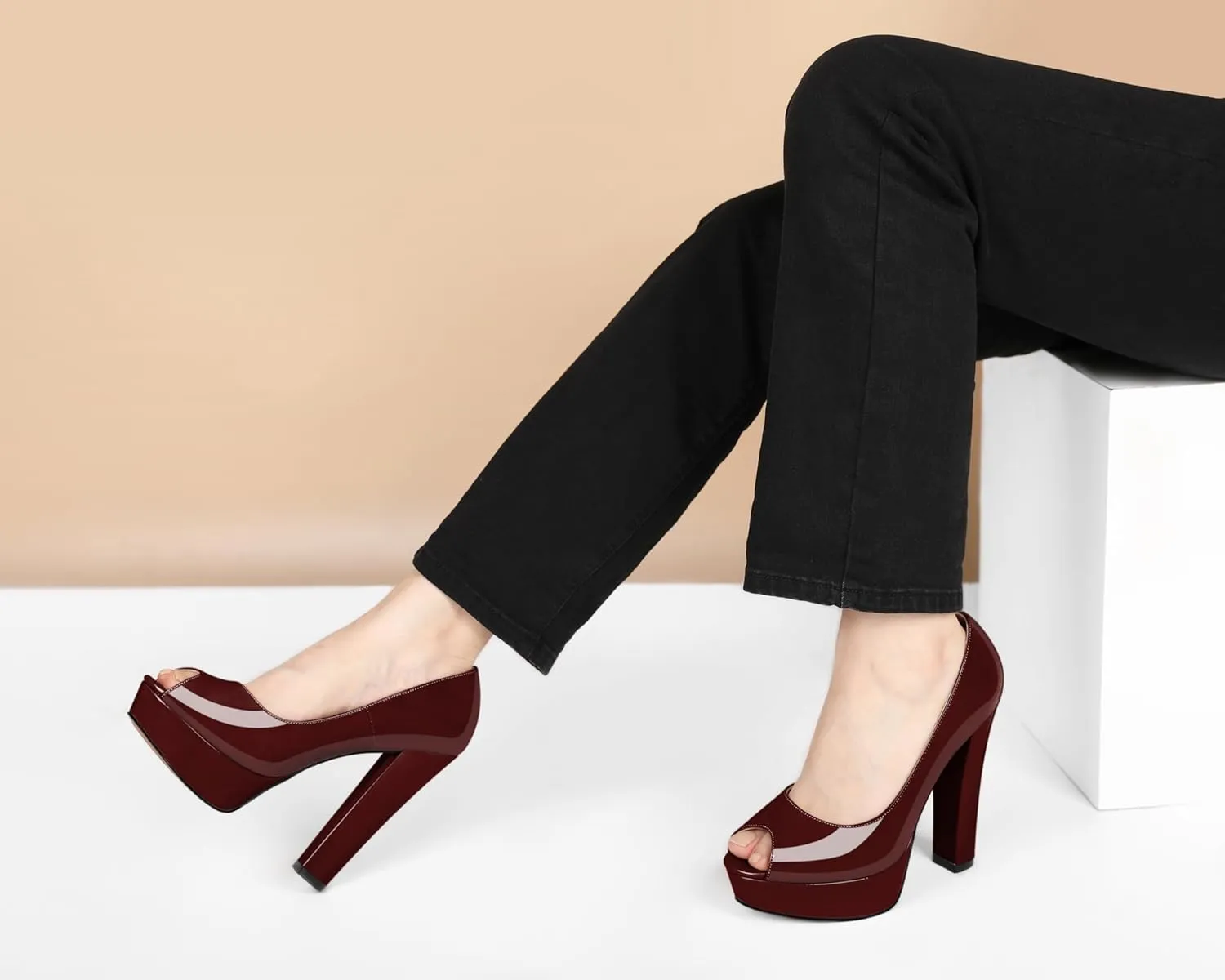 Women's High Heel Pumps Peep Toe Pump for Women Platform High Heels Chunky Block Heeled Shoes Sexy Dance Pumps 5.5 Inch Heel