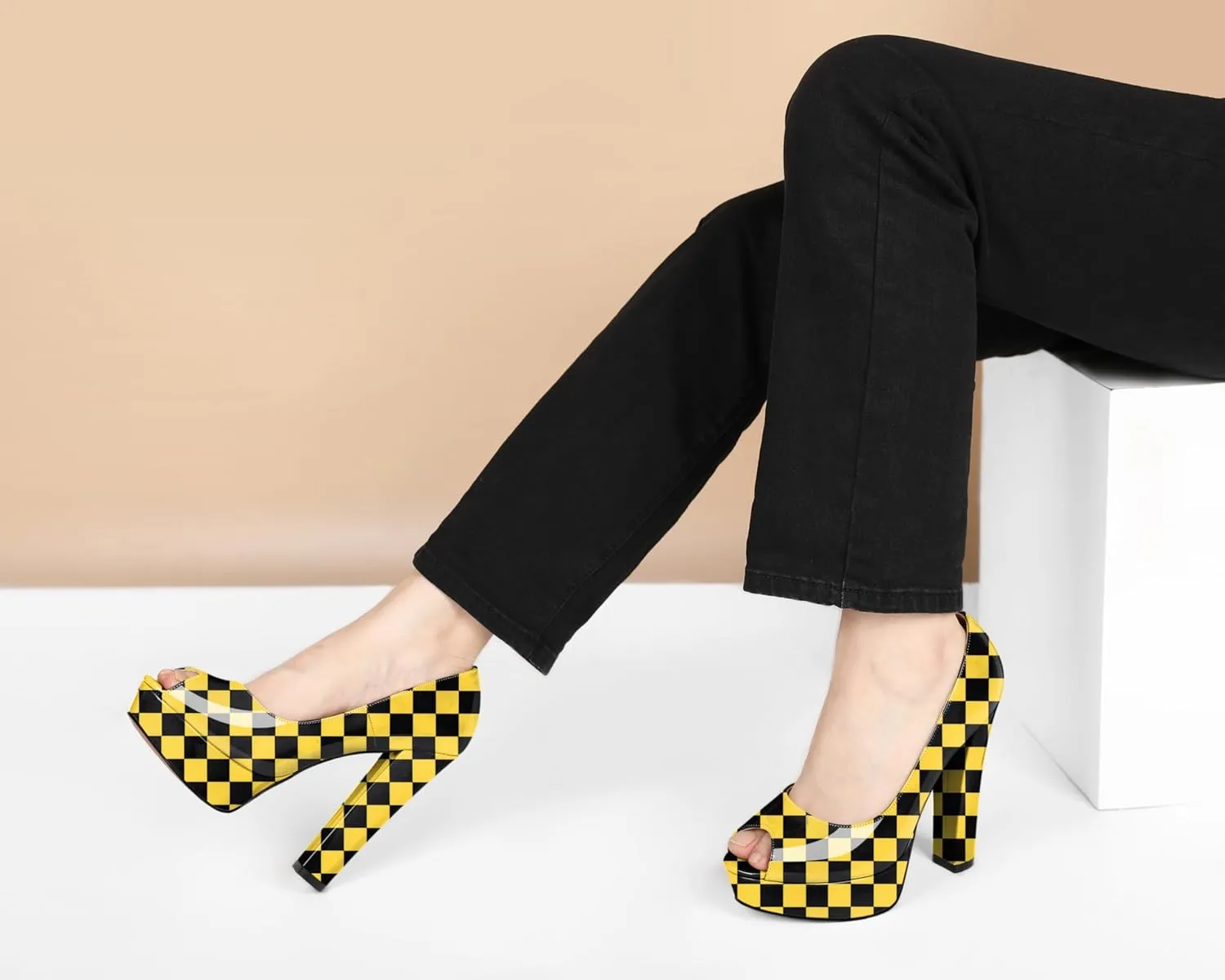 Women's High Heel Pumps Peep Toe Pump for Women Platform High Heels Chunky Block Heeled Shoes Sexy Dance Pumps 5.5 Inch Heel