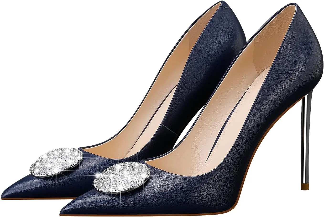 Women's High Stiletto Heel, Leather Pumps Rhinestones 105mm Heels Closed Pointed Toe Slip On Pump Wedding Party Dress Shoes