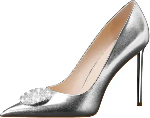 Women's High Stiletto Heel, Leather Pumps Rhinestones 105mm Heels Closed Pointed Toe Slip On Pump Wedding Party Dress Shoes