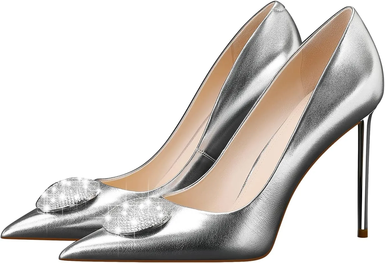 Women's High Stiletto Heel, Leather Pumps Rhinestones 105mm Heels Closed Pointed Toe Slip On Pump Wedding Party Dress Shoes