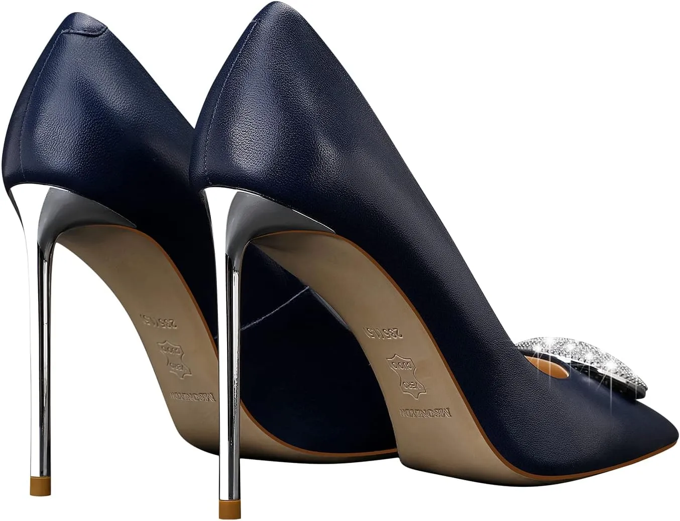 Women's High Stiletto Heel, Leather Pumps Rhinestones 105mm Heels Closed Pointed Toe Slip On Pump Wedding Party Dress Shoes