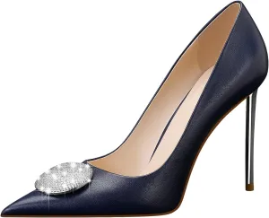 Women's High Stiletto Heel, Leather Pumps Rhinestones 105mm Heels Closed Pointed Toe Slip On Pump Wedding Party Dress Shoes