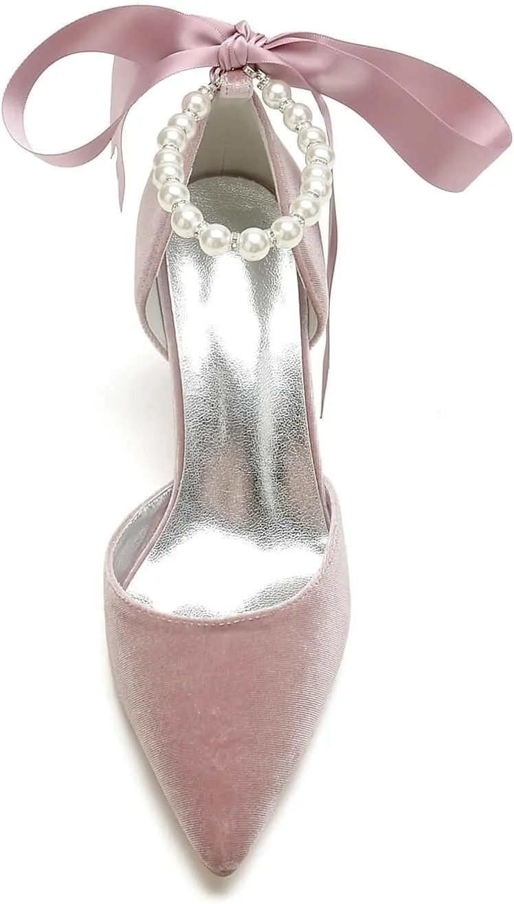 Women's Kitten Heel Satin Closed Pointed Toe Pumps Ankle Strap with Pearl and Bow Heels Evening Wedding Party Dress Pump Shoes