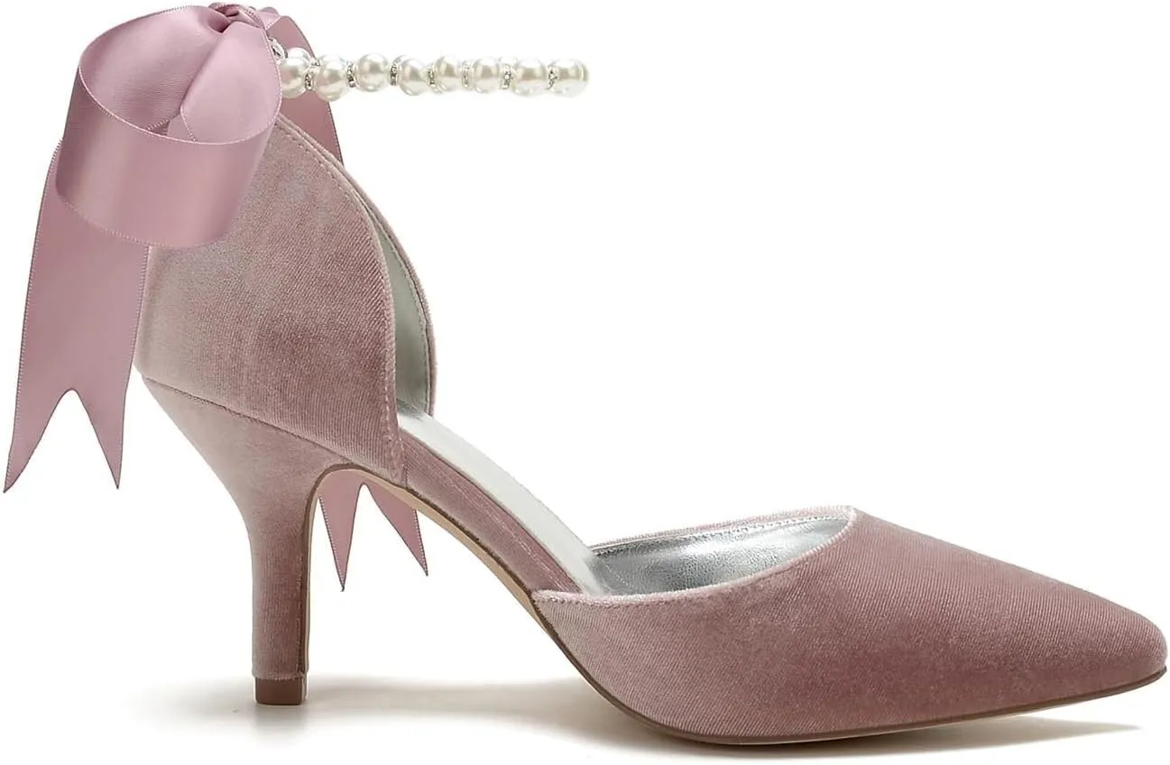 Women's Kitten Heel Satin Closed Pointed Toe Pumps Ankle Strap with Pearl and Bow Heels Evening Wedding Party Dress Pump Shoes
