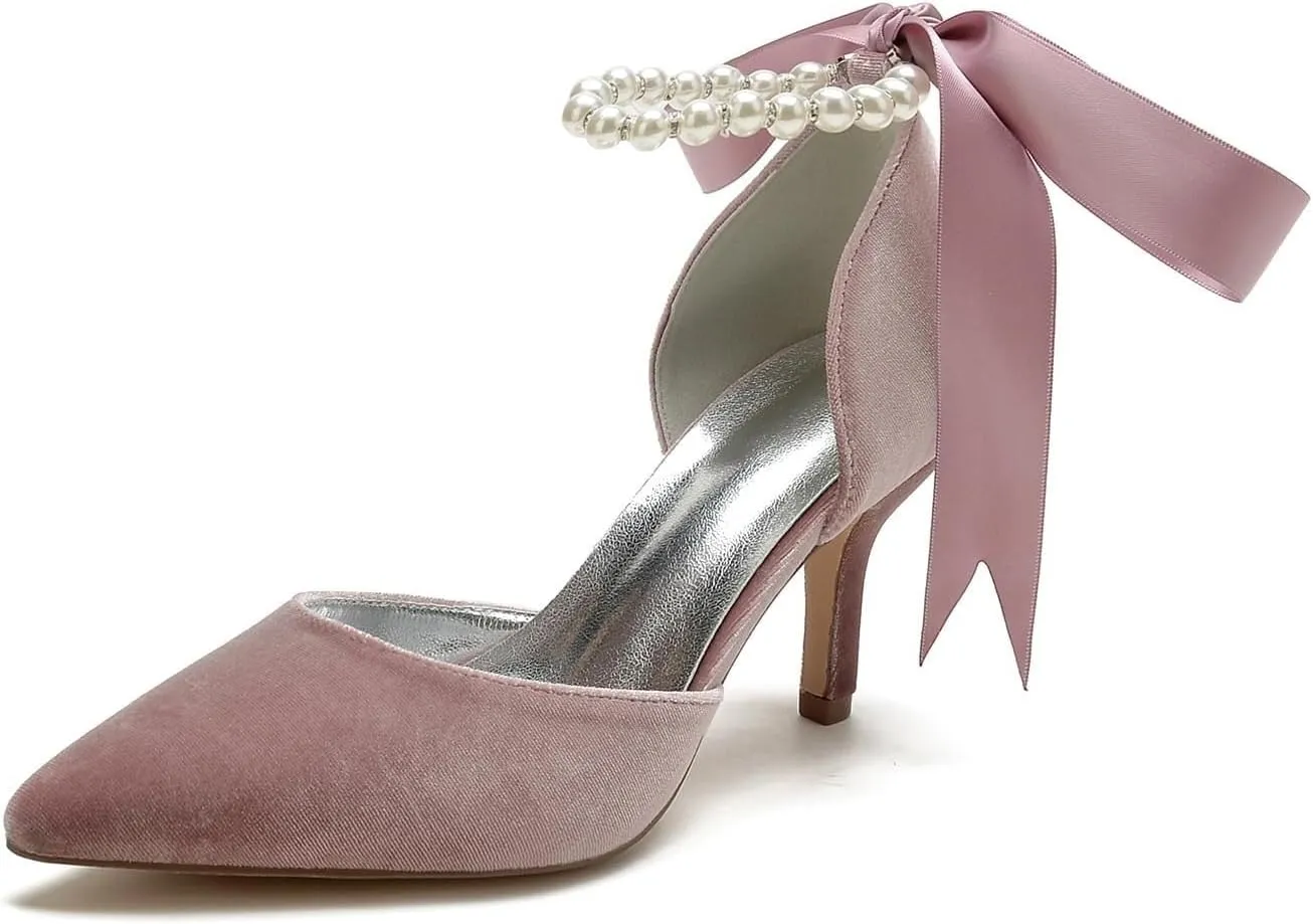 Women's Kitten Heel Satin Closed Pointed Toe Pumps Ankle Strap with Pearl and Bow Heels Evening Wedding Party Dress Pump Shoes