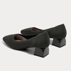 Women's Knit Chunky Heel Pumps Squar, Classic Knit Square Toe Pumps Shoes Slip On Casual Dress Shoes