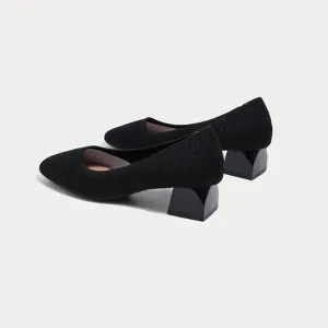 Women's Knit Chunky Heel Pumps Squar, Classic Knit Square Toe Pumps Shoes Slip On Casual Dress Shoes
