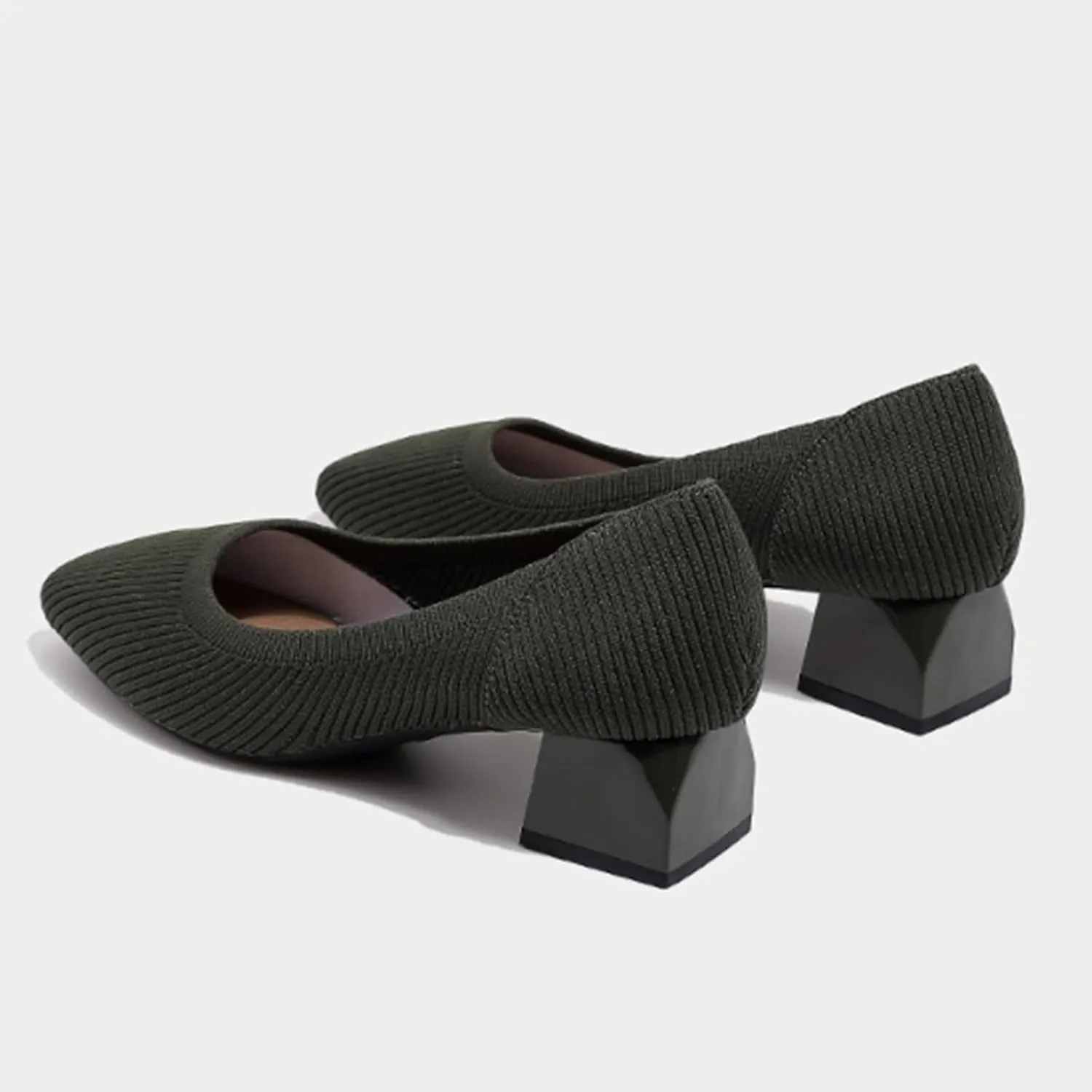 Women's Knit Chunky Heel Pumps Squar, Classic Knit Square Toe Pumps Shoes Slip On Casual Dress Shoes