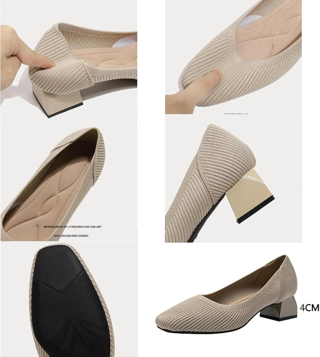 Women's Knit Chunky Heel Pumps Squar, Classic Knit Square Toe Pumps Shoes Slip On Casual Dress Shoes