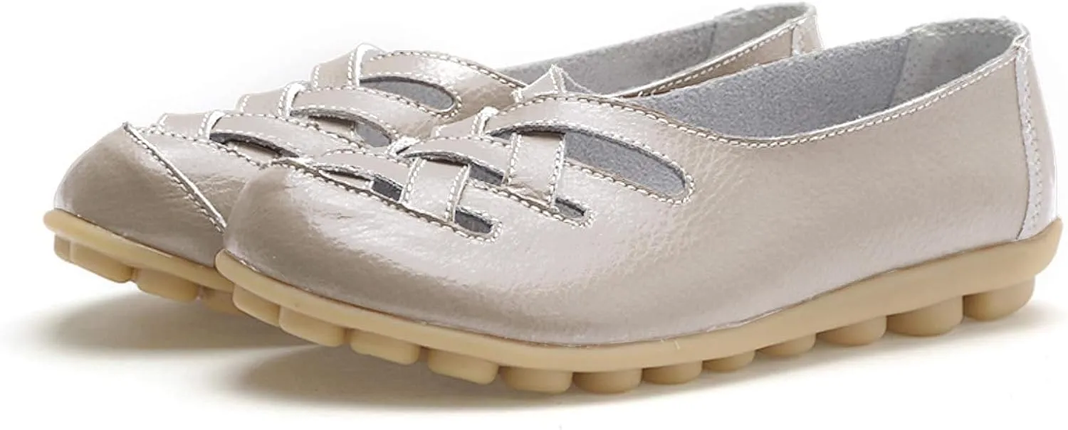 Womens Leather Loafers Summer Breathable Hollow Out Closed Toe Slip-On Sandals Casual Lightweight Soft Sole Nurse Work Walking Shoes Comfortable Casual Fisherman Sandals