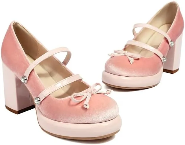 Women's Mary Janes Pearl Platform Square High Heel Pumps