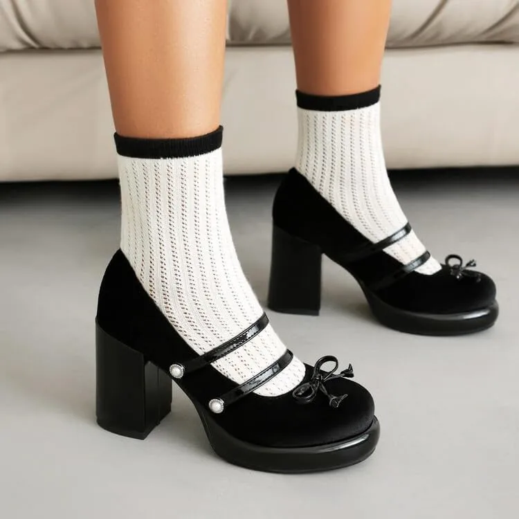 Women's Mary Janes Pearl Platform Square High Heel Pumps