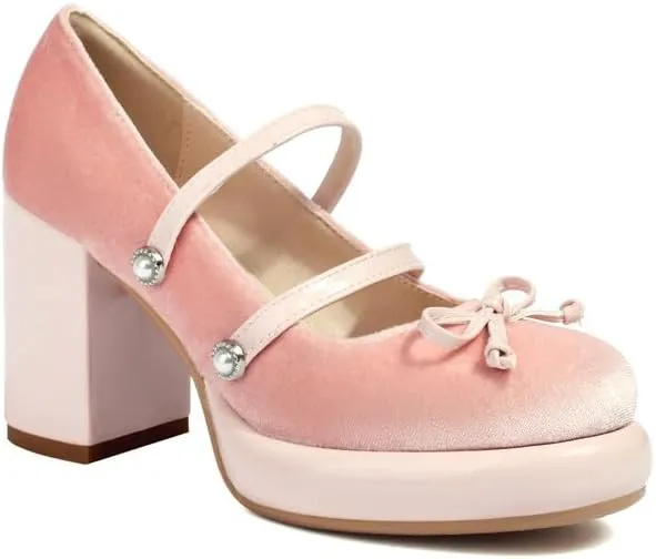 Women's Mary Janes Pearl Platform Square High Heel Pumps