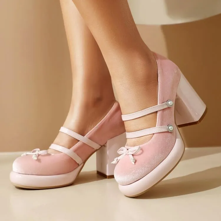 Women's Mary Janes Pearl Platform Square High Heel Pumps