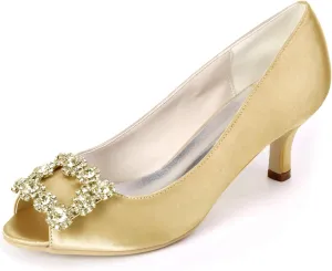 Women's Peep Toe Wedding Shoes for Bride Low Heels Bridal Shoes Satin Evening Party Pumps Sandals