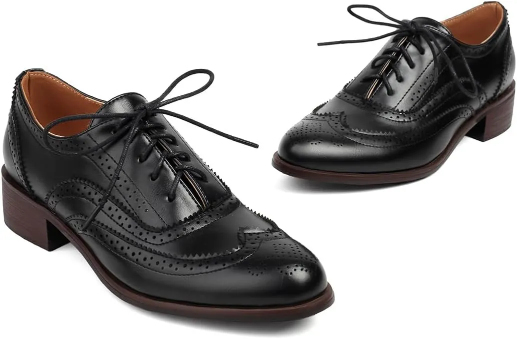 Women's Perforated Classic Lace-up Oxfords Brogue Wingtip Round Toe Derby Saddle Faux Leather Flat Shoes Evening Party Work Jeans Dress Shoes