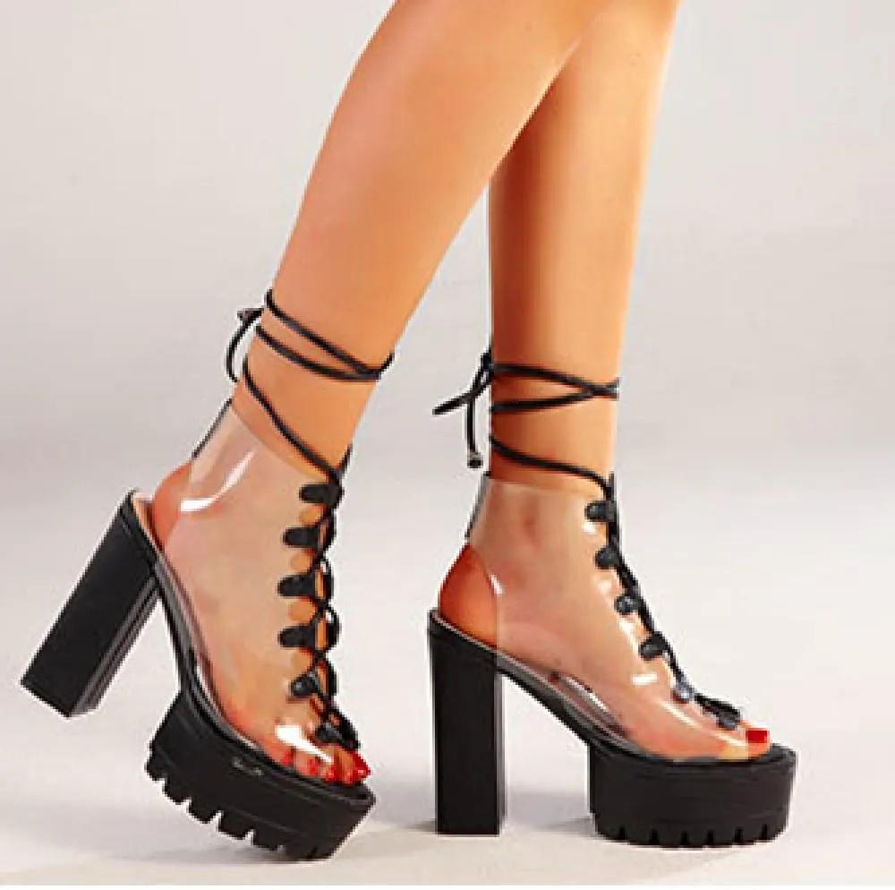 Women's Platform high Heels Strap Peep Toes Dress Clear Shoes White Green Black Wedding Banquet Beautiful Sandals